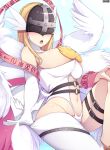  1girl angel angel_wings angewomon artist_name bare_shoulders blonde_hair breasts cleavage clothing_cutout commentary covered_eyes ddangbi digimon digimon_(creature) elbow_gloves feathers gloves hand_on_own_knee head_wings highres knee_up large_breasts leg_up midriff mixed-language_commentary navel navel_cutout o-ring o-ring_belt open_mouth single_elbow_glove single_thighhigh solo teeth thigh_strap thighhighs thighs tongue upper_teeth wings 