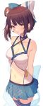  1girl absurdres armpit_crease arms_behind_back bare_arms bare_shoulders bashamichi_hagemi blue_choker blue_legwear blue_skirt bow breasts brown_hair choker cleavage cleavage_cutout clothing_cutout collarbone commission cowboy_shot crop_top face hair_bow hair_bun highres indie_virtual_youtuber jun_(aousa0328) looking_at_viewer medium_breasts midriff miniskirt navel parted_lips pleated_skirt revealing_clothes shirt short_hair simple_background skeb_commission skirt sleeveless sleeveless_shirt solo stomach thighhighs virtual_youtuber white_background white_shirt yellow_eyes zettai_ryouiki 