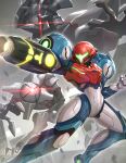  1girl action arm_cannon e.m.m.i._(metroid) feet_out_of_frame glowing glowing_eye gonzarez helmet highres metroid metroid_dread power_armor raven_beak_(metroid) samus_aran science_fiction weapon 