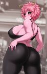  1girl absurdres ashido_mina ass ass_grab black_sclera black_sports_bra blush boku_no_hero_academia breasts colored_sclera colored_skin covered_nipples from_behind grabbing_own_ass hand_on_ass hand_on_own_ass highres indoors jmg large_breasts looking_at_viewer looking_back pants pink_hair pink_skin shiny shiny_hair shiny_skin short_hair solo sports_bra standing sweat thighs tight tight_pants yellow_eyes yoga_pants 