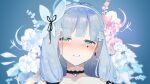  1girl absurdres bangs black_choker blue_background blue_hair blush choker collarbone crossed_bangs earrings eyebrows_visible_through_hair floral_background flower girls&#039;_frontline green_eyes hair_flower hair_ornament hairband highres hk416_(girls&#039;_frontline) jewelry long_hair looking_at_viewer open_mouth solo soranagi_(una123) teardrop teardrop_facial_mark teardrop_tattoo tears upper_body 