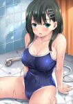  1girl aqua_eyes blue_eyes blue_swimsuit breasts green_hair hair_ornament hairclip indoors large_breasts long_hair mizuhara_yuu navel one-piece_swimsuit original school_swimsuit shower_head sitting solo swimsuit 