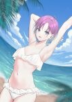  1girl absurdres armpits arms_up asakura_tooru bangs bikini blue_eyes blue_nails blue_sky blurry breasts cloud commentary day depth_of_field fisheye frilled_bikini frills gradient_hair hand_on_own_arm highres hiya_0 idolmaster idolmaster_shiny_colors looking_at_viewer multicolored_hair nail_polish navel open_mouth outdoors parted_bangs short_hair sky small_breasts solo standing swimsuit white_bikini 