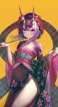  1girl absurdres blue_eyes bob_cut closed_mouth fate/grand_order fate_(series) flower hair_flower hair_ornament highres holding holding_pipe horns japanese_clothes kimono kiseru long_sleeves looking_at_viewer lostroom_outfit_(fate) merryj obi oni oni_horns pipe purple_hair red_flower red_rose rose sash short_hair shuten_douji_(fate) simple_background solo thighs wide_sleeves yellow_background 