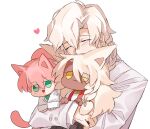  3boys :3 animal_ears braid cat_ears cat_tail chibi closed_eyes commentary_request dark-skinned_male dark_skin eyebrows_visible_through_hair fate/grand_order fate_(series) green_eyes hair_over_one_eye hair_over_shoulder han12sara heart highres hug long_sleeves male_focus marisbury_animusphere multiple_boys ponytail romani_archaman simple_background single_braid solo_focus solomon_(fate) sweat tail upper_body white_background white_hair yellow_eyes 