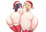  2girls :t absurdres ass ass_focus black_hair blonde_hair blush christmas flower from_behind genshin_impact green_eyes hair_flower hair_ornament hat highres iceringer lisa_(genshin_impact) long_hair mona_(genshin_impact) multiple_girls pout red_legwear santa_hat simple_background take_your_pick thick_thighs thighhighs thighs thong tongue tongue_out topless twintails white_background 