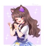  1girl absurdres animal_ears blob bow brown_eyes brown_hair cat_ears centi_(nimu) choker dress gradient_dress hair_bow hair_ornament highres idollrima indie_virtual_youtuber long_hair nimu_(vtuber) off-shoulder_shirt off_shoulder one_eye_closed paw_pose shirt smile star_(symbol) star_hair_ornament virtual_youtuber 