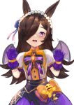  1girl animal_ears bangs blue_flower blush bow brown_hair claw_pose commentary_request demon_wings fangs flower gloves hair_flower hair_ornament hair_over_one_eye hands_up highres horse_ears long_hair looking_at_viewer make_up_in_halloween!_(umamusume) mg42cat-k1ng official_alternate_costume open_mouth orange_bow puffy_short_sleeves puffy_sleeves purple_eyes purple_gloves purple_skirt purple_wings rice_shower_(umamusume) shirt short_sleeves simple_background skirt solo striped striped_bow umamusume very_long_hair wavy_mouth white_background white_shirt wings 