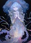  1girl blue_hair crying crying_with_eyes_open dress flower frilled_dress frills jellyfish medium_hair multicolored_clothes multicolored_dress original pla4neta solo tears underwater veil water_balloon 