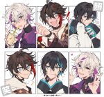  ! ... 3boys ? ahoge akina422 bangs black_choker black_hair black_sweater blue_eyes blue_hair choker cup disposable_cup double_v fingers_to_cheeks fuwa_minato heart holding holding_cup male_focus mayuzumi_kai multicolored_hair multiple_boys nijisanji notice_lines purple_eyes purple_hair red_eyes saegusa_akina sidelocks sleeves_past_wrists spoken_ellipsis streaked_hair sweater upper_body v virtual_youtuber white_hair 