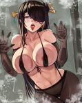  1girl absurdres against_glass areola_slip areolae bangs beidou_(genshin_impact) bikini bikini_top black_bikini black_gloves black_hair black_legwear blush breast_press breasts breasts_on_glass earrings elbow_gloves eyepatch genshin_impact gloves hair_ornament hair_stick hairpin hand_on_glass highres jewelry large_breasts long_hair loooyd navel one_eye_covered open_mouth pantyhose solo swimsuit tongue tongue_out yellow_eyes 