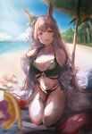  1girl :d animal_ears beach beach_towel beach_umbrella bikini blue_sky blush breasts brown_hair cleavage collarbone commentary_request day ear_ribbon green_bikini highres horse_ears horse_girl kneeling large_breasts long_hair looking_at_viewer matsukura_nemu midriff navel ocean open_clothes open_mouth open_shirt palm_tree sandals sandals_removed satono_diamond_(umamusume) shirt single_bare_shoulder sky smile solo sunlight swimsuit towel tree umamusume umbrella very_long_hair white_shirt 