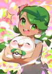  1girl :d absurdres bangs bare_arms blush commentary_request eyelashes flower friend_ball green_eyes green_hair grey_overalls hair_flower hair_ornament highres holding holding_poke_ball long_hair looking_at_viewer mallow_(pokemon) open_mouth overalls pink_flower poke_ball pokemon pokemon_(creature) pokemon_(game) pokemon_sm rowlet sleeveless smile sparkle swept_bangs taisa_(lovemokunae) teeth tongue twintails upper_body 