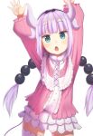  1girl arms_up bangs blunt_bangs commentary_request dragon_girl dragon_horns dragon_tail eyebrows_visible_through_hair frilled_skirt frills green_eyes hair_bobbles hair_ornament hairband highres horns kanna_kamui kobayashi-san_chi_no_maidragon kuricona light_purple_hair long_hair looking_at_viewer low_twintails sidelocks simple_background skirt solo tail thighhighs twintails white_background white_legwear zettai_ryouiki 