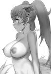  1girl bangs blush breasts commentary completely_nude dragon_tail eyebrows_visible_through_hair greyscale hair_between_eyes highres kemono_friends large_breasts long_hair masuyama_ryou monochrome nipples nude profile puffy_nipples seiryuu_(kemono_friends) simple_background solo tail twintails upper_body water_drop white_background 