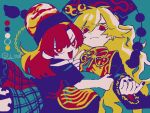  2girls bangs black_nails black_shirt blonde_hair blue_background chain chinese_clothes commentary_request expressionless eyebrows_visible_through_hair fox_print gold_chain hair_between_eyes hecatia_lapislazuli hug junko_(touhou) long_hair long_sleeves looking_at_viewer multicolored_clothes multicolored_skirt multiple_girls nail_polish off-shoulder_shirt off_shoulder open_mouth phoenix_crown polos_crown raya_(uk_0128) red_eyes red_hair red_nails shirt short_sleeves simple_background skirt t-shirt tabard tassel touhou twitter_username upper_body 