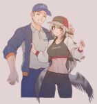  1boy 1girl arm_hair baseball_cap bird blue_headwear blue_jacket breasts brown_eyes brown_hair chris_crowe crop_top cropped_legs denim facial_hair feathered_wings hat highres jacket jeans long_hair medium_breasts midriff multicolored_hair navel nervous_smile pants personification polo_shirt real_life shirt shirt_tucked_in short_hair silver_hair smile stomach stubble sweatdrop two-tone_hair walnut_(crane) white_shirt wings zhvo 
