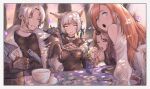  2boys 2girls absurdres animal_ears bowl brown_hair cat_ears commentary cup drinking_straw elezen elf english_commentary final_fantasy final_fantasy_xiv fingerless_gloves friends gloves gusty10rk highres hyur jacket long_hair looking_at_viewer miqo&#039;te multiple_boys multiple_girls open_mouth pointy_ears ryne short_hair silver_hair sitting smile table thancred_waters thumbs_up urianger_augurelt white_jacket y&#039;shtola_rhul 