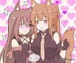  2girls animal_ears arknights bangs bare_shoulders blush brown_hair cat_ears cat_girl commentary_request detached_sleeves fingerless_gloves flying_sweatdrops fox_ears fox_girl fox_tail franka_(arknights) gloves heart jacket long_hair melantha_(arknights) multiple_girls necktie off_shoulder official_alternate_costume parted_lips pirorr purple_hair shirt sleeveless sleeveless_shirt tail translation_request 