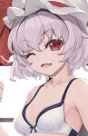  1girl ;d bangs bra breasts cleavage eyebrows_visible_through_hair grey_hair hat hat_ribbon highres looking_at_viewer mob_cap one_eye_closed open_mouth red_eyes red_ribbon remilia_scarlet ribbon short_hair smile solo sudako_(dai011305) touhou underwear upper_body white_background white_bra white_headwear 