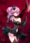  1girl armpits artist_name black_dress black_wings breasts cleavage clothing_cutout cowboy_shot crown dark_elementalist_lux dated dress elbow_gloves elementalist_lux gloves league_of_legends looking_at_viewer lux_(league_of_legends) navel navel_cutout purple_eyes purple_hair red_background s-yin sleeveless sleeveless_dress solo staff standing wings 