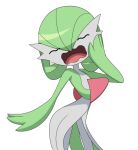  1girl anime_coloring arched_back bangs bob_cut closed_eyes colored_skin commentary cowboy_shot flat_chest gardevoir green_hair green_skin hair_between_eyes hand_on_own_cheek hand_on_own_face hand_up legs_apart lotosu multicolored_skin open_mouth pokemon pokemon_(creature) shiny shiny_hair short_hair simple_background solo standing two-tone_skin wavy_eyes wavy_mouth white_background white_skin yawning 