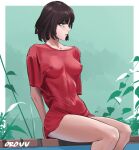  1girl artist_name bangs black_hair border breasts covered_nipples fubuki_(one-punch_man) green_eyes highres looking_away medium_breasts no_bra no_pants one-punch_man orouu outdoors red_shirt shirt short_hair sitting sitting_on_object solo wet wet_clothes wet_shirt white_border 