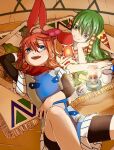  1boy 1girl ass closed_mouth feena_(grandia) grandia grandia_i green_eyes green_hair hair_ornament hair_tubes jewelry justin_(grandia) long_hair midriff necklace open_mouth second-party_source skirt smile thighhighs yugingo 
