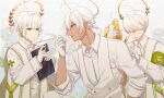  3boys angel covering_eyes cross dark_skin face-to-face formal gloves green_eyes grey_hair halo kumashige long_sleeves looking_at_another multiple_boys original ponytail shirt sidelocks smoke smoke_trail suit white_gloves white_hair white_shirt 