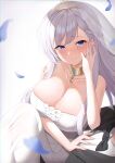  1boy 1girl absurdres azur_lane bangs bare_arms bare_shoulders belfast_(azur_lane) belfast_(the_pledge_of_claddagh)_(azur_lane) blue_eyes blush bow bowtie breasts carrying cleavage closed_mouth collarbone dress eyebrows_visible_through_hair futon_fly_away highres jewelry large_breasts looking_at_viewer official_alternate_costume petals princess_carry ring silver_hair simple_background smile solo_focus tuxedo veil wedding_dress wedding_ring white_background white_dress 