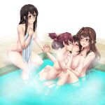  4girls akagi_(kancolle) black_hair breast_press breasts cleavage closed_eyes collarbone completely_nude eyebrows_visible_through_hair folded_ponytail fubuki_(kancolle) girl_sandwich green_eyes grey_eyes hand_on_another&#039;s_face hand_on_own_knee harem highres holding_hands interlocked_fingers kantai_collection kiss kongou_(kancolle) long_hair multiple_girls navel nipples nude onsen parted_lips partially_submerged sandwiched short_hair small_breasts smile steam tile_floor tiles towel twrlare water yamato_(kancolle) yuri 
