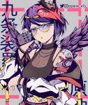  1girl alternate_costume alternate_hair_color arm_tattoo bangs belt bespectacled bird_mask black_feathers black_wings bracelet breasts calling cellphone cleavage commentary contemporary covered_collarbone earrings english_commentary eyebrows_visible_through_hair feathered_wings fishnets genshin_impact glasses hair_between_eyes highres holding holding_phone jewelry kujou_sara long_sleeves looking_at_viewer mask mask_on_head midriff multiple_wings off_shoulder panos_(user_ryyu5388) parted_lips phone purple_hair short_hair sidelocks simple_background smartphone solo spiked_bracelet spikes sunglasses tattoo tinted_eyewear translation_request turtleneck twitter_username wings yellow_eyes 