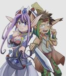  1boy 1girl absurdres breasts brown_hair dress earrings grandia grandia_i hat highres jewelry knife liete_(grandia) long_hair looking_at_viewer open_mouth pointy_ears purple_hair rapp_(grandia) see-through simple_background smile staff weapon yugingo 