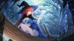  1girl boat breasts cave cleavage commission commissioner_upload destiny_(riftdevils) gloves hair_over_one_eye hat highres naozi night original red_eyes red_hair scenery sitting smile solo watercraft white_gloves witch witch_hat 