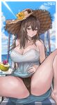  1girl 77l absurdres beach breasts brown_eyes brown_hair brown_panties cleavage coconut commission hat highres knee_up large_breasts looking_at_viewer original panties sitting spread_legs sun_hat thick_thighs thighs underwear 