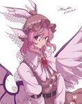  1girl animal_ears bangs belt bird_wings brown_dress dress earrings eyebrows_visible_through_hair feathered_wings frills hat highres jewelry long_sleeves mob_cap mystia_lorelei pink_eyes pink_hair short_hair single_earring sleeve_garter stank touhou white_wings winged_hat wings 