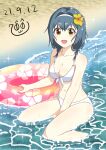  1girl 7001 :d bangs beach bikini blue_hair braid breasts brown_eyes collarbone dated day eyebrows_visible_through_hair flower front-tie_bikini front-tie_top furutani_himawari hair_between_eyes hair_flower hair_intakes hair_ornament hairband highres innertube looking_at_viewer medium_breasts medium_hair open_mouth outdoors smile solo sparkle summer swimsuit twin_braids water white_bikini yuru_yuri 