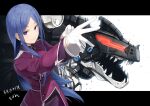  1girl bangs blue_hair breasts buttons collared_shirt double-breasted gloves hannah_melville long_hair long_sleeves mecha meth_(emethmeth) omega_rex parted_bangs purple_eyes shirt sidelocks smile solo white_gloves zoids zoids_wild_zero 