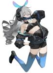  1girl absurdres animal_ears arm_up armpits bare_shoulders bike_shorts black_footwear black_gloves black_jacket blue_legwear breasts bronya_zaychik covered_navel covering_mouth drill_hair fake_animal_ears gloves grey_eyes grey_hair hand_on_hip headphones highres honkai_(series) honkai_impact_3rd jacket kuo_(kuo114514) long_hair long_sleeves looking_at_viewer midriff open_clothes open_jacket shoes simple_background small_breasts solo thighhighs twin_drills white_background 