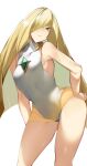  1girl bangs bare_shoulders blonde_hair breasts cameltoe commentary_request eyebrows_visible_through_hair green_eyes hair_over_one_eye hand_on_hip highres leotard light_smile long_hair looking_at_viewer lusamine_(pokemon) pokemon pokemon_(game) pokemon_sm see-through simple_background sleeveless solo turtleneck white_background yuuyuu_(yuuki1771) 