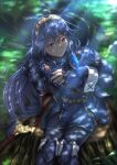  1girl arm_support armor bangs belt bird bird_on_hand blue_bird blue_bodysuit blue_cape blue_dress blue_eyes blue_footwear blue_gloves blurry blurry_background blush bodysuit boots breasts cape commentary_request dappled_sunlight dress feet_out_of_frame fingerless_gloves fire_emblem fire_emblem_awakening from_above gloves gold_trim hair_between_eyes hand_up highres leaning_forward long_hair looking_at_another lucina_(fire_emblem) nishizono_shin ribbed_bodysuit shadow shoulder_armor sidelocks sitting sleeve_cuffs solo sunlight sword thigh_boots thighhighs thighs tiara tree_stump weapon 