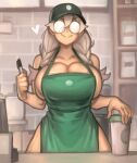  1girl :&gt; apron barista baseball_cap bespectacled braid breasts bursting_breasts cafe cleavage coffee_cup cup curvy disposable_cup facing_viewer glasses green_apron grey_hair hair_between_eyes hair_over_shoulder hat heart highres holding holding_marker holding_pen huge_breasts iced_latte_with_breast_milk_(meme) kelvin_hiu marker medium_hair meme naked_apron opaque_glasses original pen round_eyewear sideboob smile solo standing starbucks strap_gap twin_braids violet_(kelvin_hiu) 