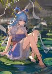  1girl ankle_bell anklet bangs bare_legs barefoot blue_eyes blue_hair breasts bridge chinese_clothes commentary_request dress eyebrows_behind_hair feet hagoromo hair_between_eyes jewelry kaku_seiga kumatangent lake leaf long_hair looking_at_viewer shawl silk sitting solo toes touhou willow 