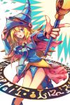  1girl ;d air bare_shoulders blonde_hair blue_footwear blush_stickers breasts choker dark_magical_circle dark_magician_girl duel_monster green_eyes hat highres holding holding_wand large_breasts magic_circle one_eye_closed open_mouth pentacle pentagram smile solo spece_ponta wand wizard_hat yu-gi-oh! 