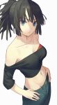  1girl bare_shoulders black_hair black_shirt blue_eyes breasts cleavage denim groin highres jeans looking_at_viewer navel off-shoulder_shirt off_shoulder original pants ponytail shirt small_breasts strapless tesin_(7aehyun) thumb_in_beltline tube_top white_background 