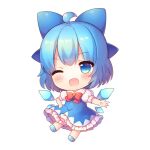  1girl bangs blue_bow blue_dress blue_eyes blue_footwear blue_hair blush bow bowtie chibi cirno collar collared_shirt commentary dress eyebrows_visible_through_hair hair_between_eyes hand_on_hip hand_up ice ice_wings looking_to_the_side one_eye_closed open_mouth pjrmhm_coa puffy_short_sleeves puffy_sleeves red_bow red_bowtie shirt shoes short_hair short_sleeves simple_background smile solo touhou white_background white_shirt wings 