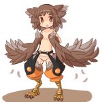  1girl bird_legs blush_stickers brown_feathers brown_hair chestnut_mouth commentary_request eyebrows_visible_through_hair feathered_wings feathers garoudo_(kadouhan&#039;i) harpy monster_girl navel open_mouth orange_eyes orange_panties original panties short_hair solo striped striped_panties talons thick_eyebrows topless underwear winged_arms wings 