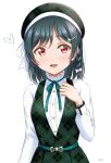  1girl bangs birthday blush braid breasts ckst commentary_request dark_green_hair eyebrows_visible_through_hair hair_ornament hat heart highres long_sleeves love_live! love_live!_nijigasaki_high_school_idol_club mifune_shioriko red_eyes shiny shiny_hair short_hair side_braid signature small_breasts solo white_background 