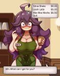  1girl alternate_breast_size apron blush breasts coffee cup curvy dialogue_box dialogue_options embarrassed english_text headband hex_maniac_(pokemon) highres holding holding_cup huge_breasts iced_latte_with_breast_milk_(meme) kurt_robinson long_hair looking_at_viewer meme meme_attire menu naked_apron name_tag pink_headband pokemon pokemon_(game) pokemon_xy price price_list purple_eyes purple_hair speech_bubble starbucks wavy_mouth 