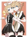  1boy 1girl :&lt; apron bangs bass_clef black_dress black_legwear blonde_hair blue_eyes bow broom commentary crossdressing cup dress eiku framed_image hair_bow hair_ornament hairclip hand_on_another&#039;s_hip highres holding holding_broom holding_tray kagamine_len kagamine_rin looking_at_viewer maid maid_apron neck_ribbon parfait parted_lips red_background red_ribbon ribbon short_hair short_ponytail spiked_hair steam swept_bangs teacup thighhighs tray treble_clef vocaloid white_bow zettai_ryouiki 